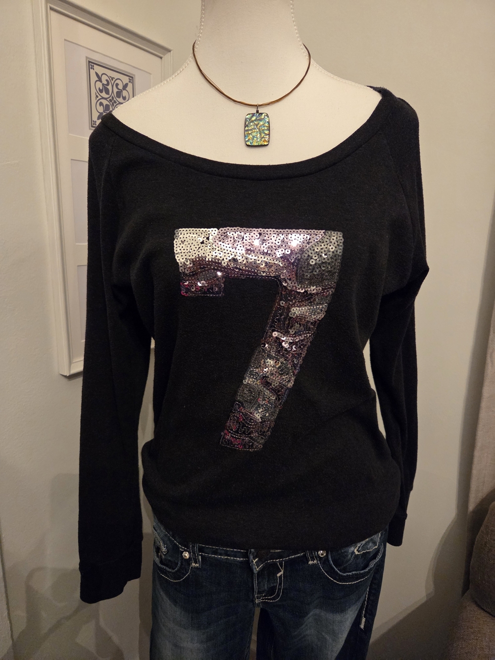 Aritzia TNA Sequin '7' Boatneck Long Sleeve Dark Grey Tee